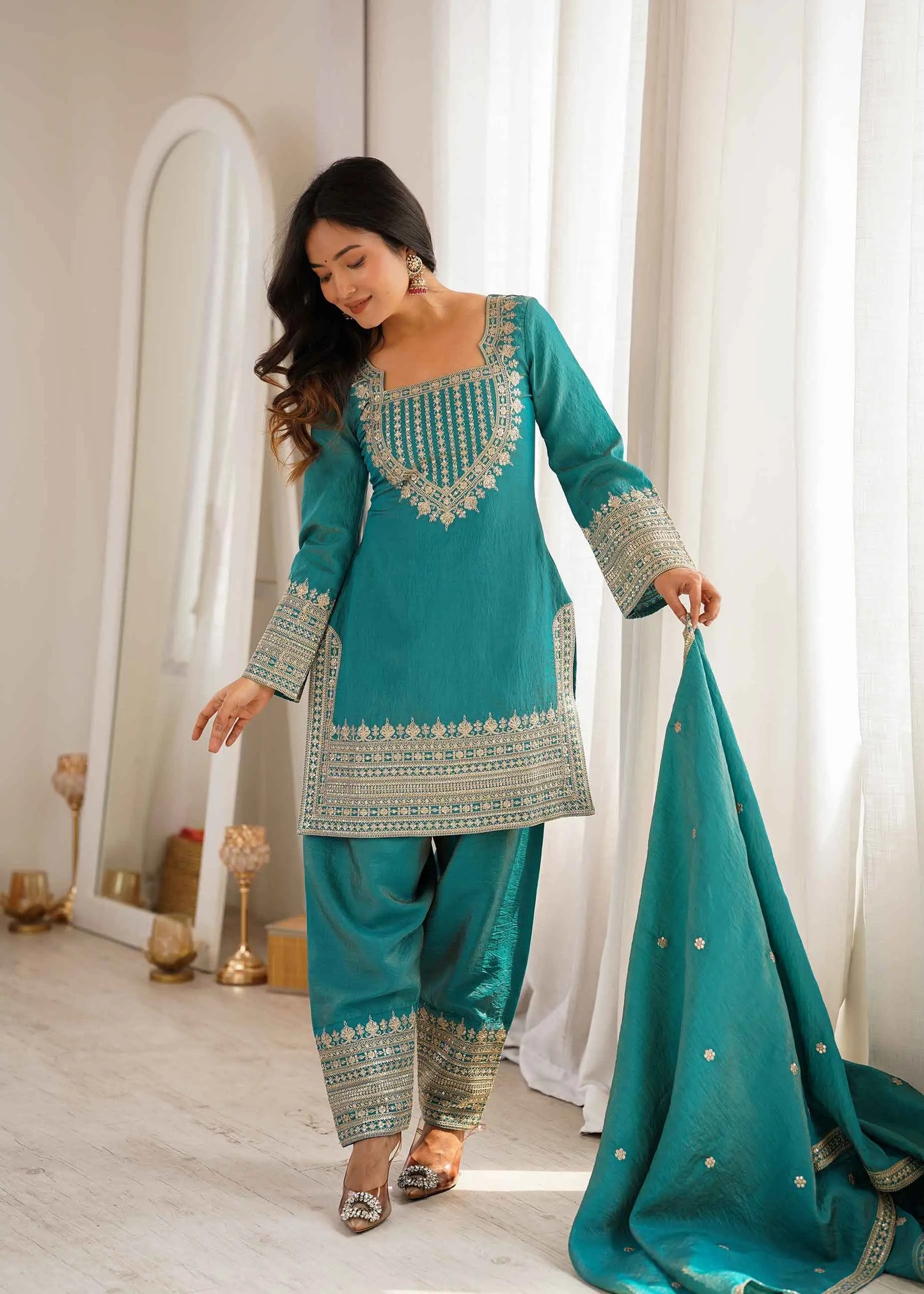 Sea Green Silk Embroidered Salwar Suit