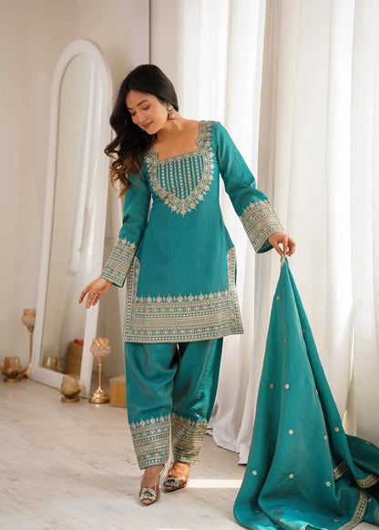 Sea Green Silk Embroidered Salwar Suit
