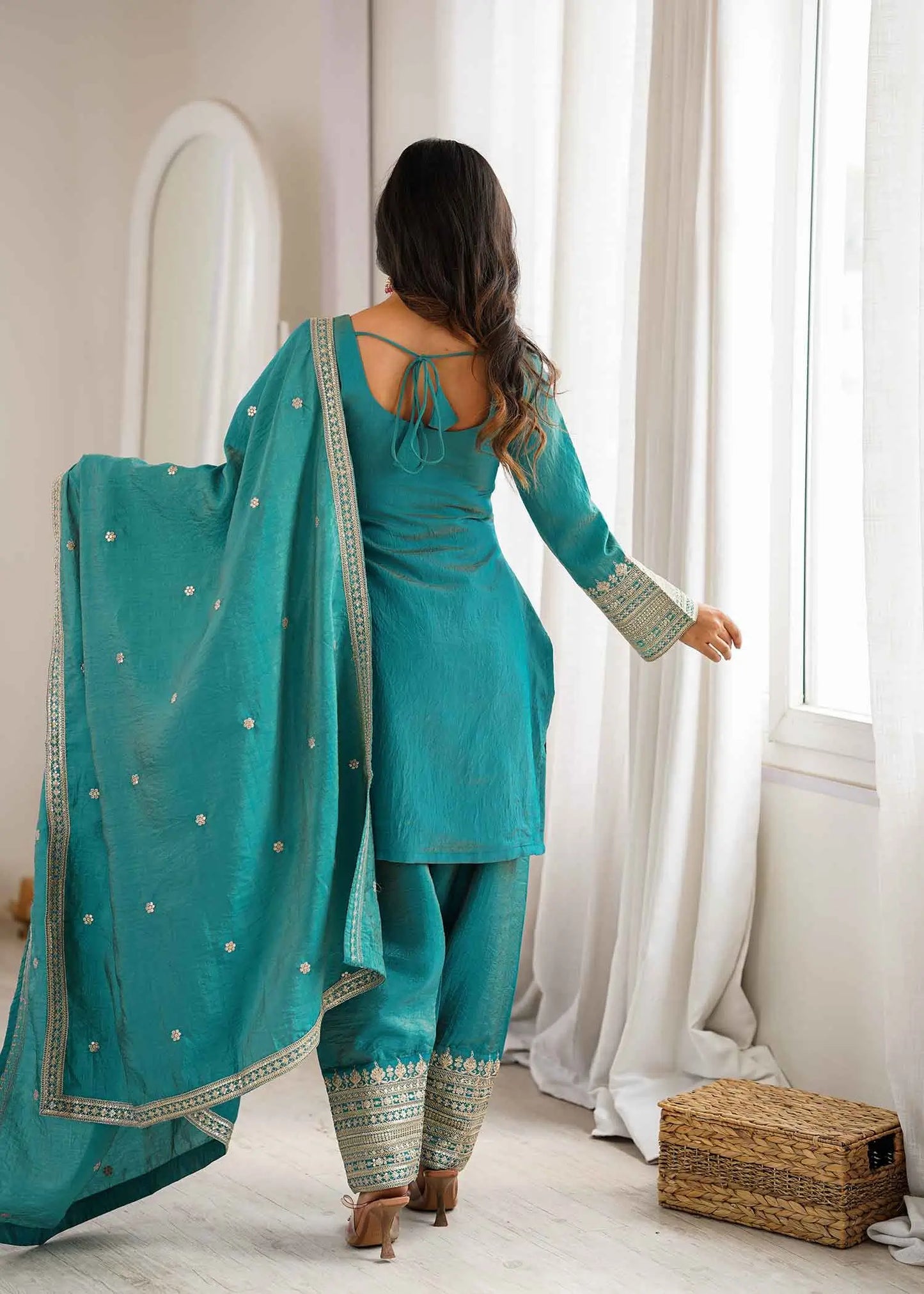 Sea Green Silk Embroidered Salwar Suit