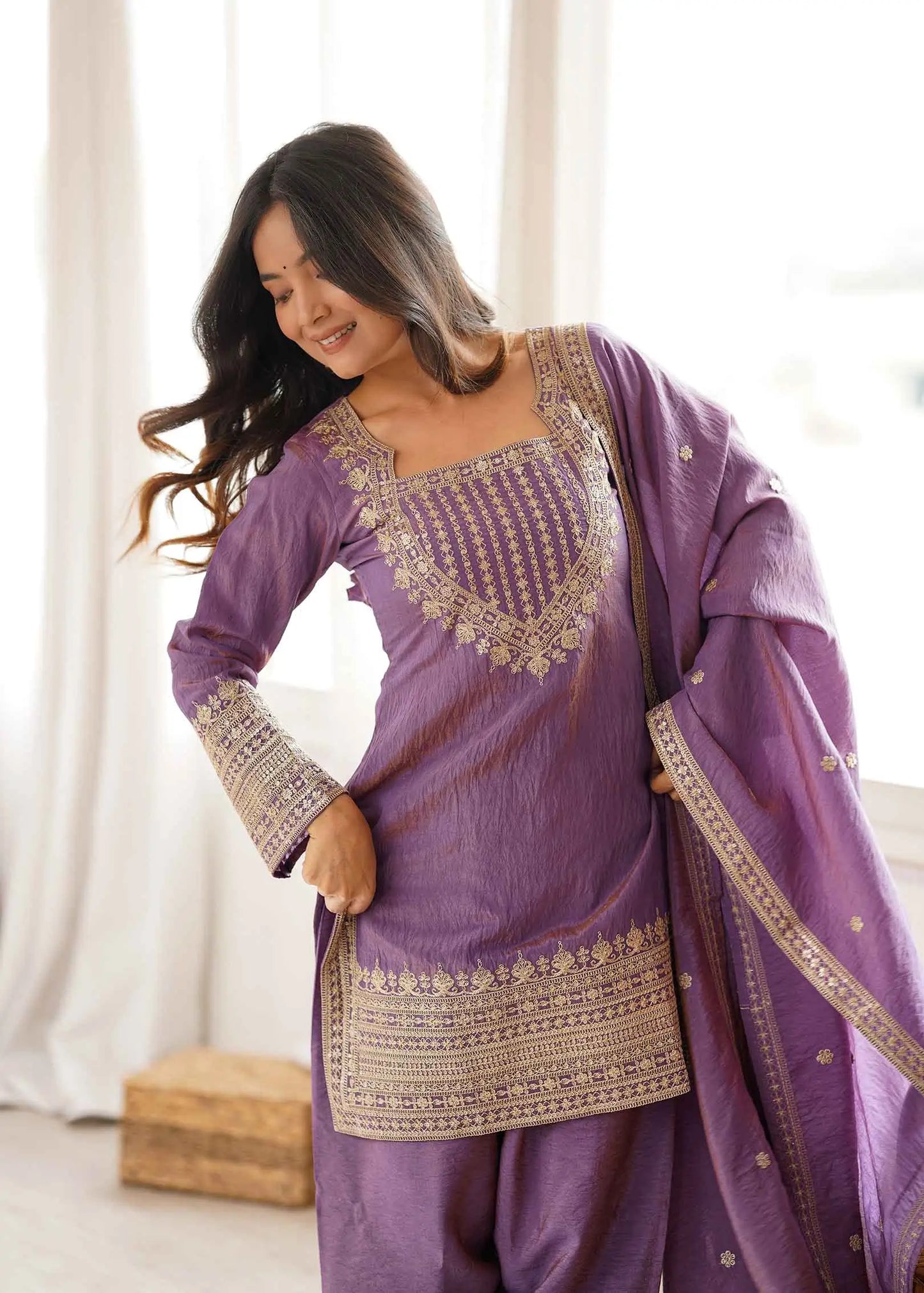 Onion Pink Silk Embroidered Salwar Suit