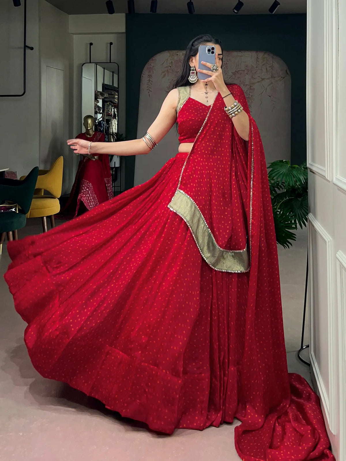 Red Bandhej Print Chiffon Garba Choli