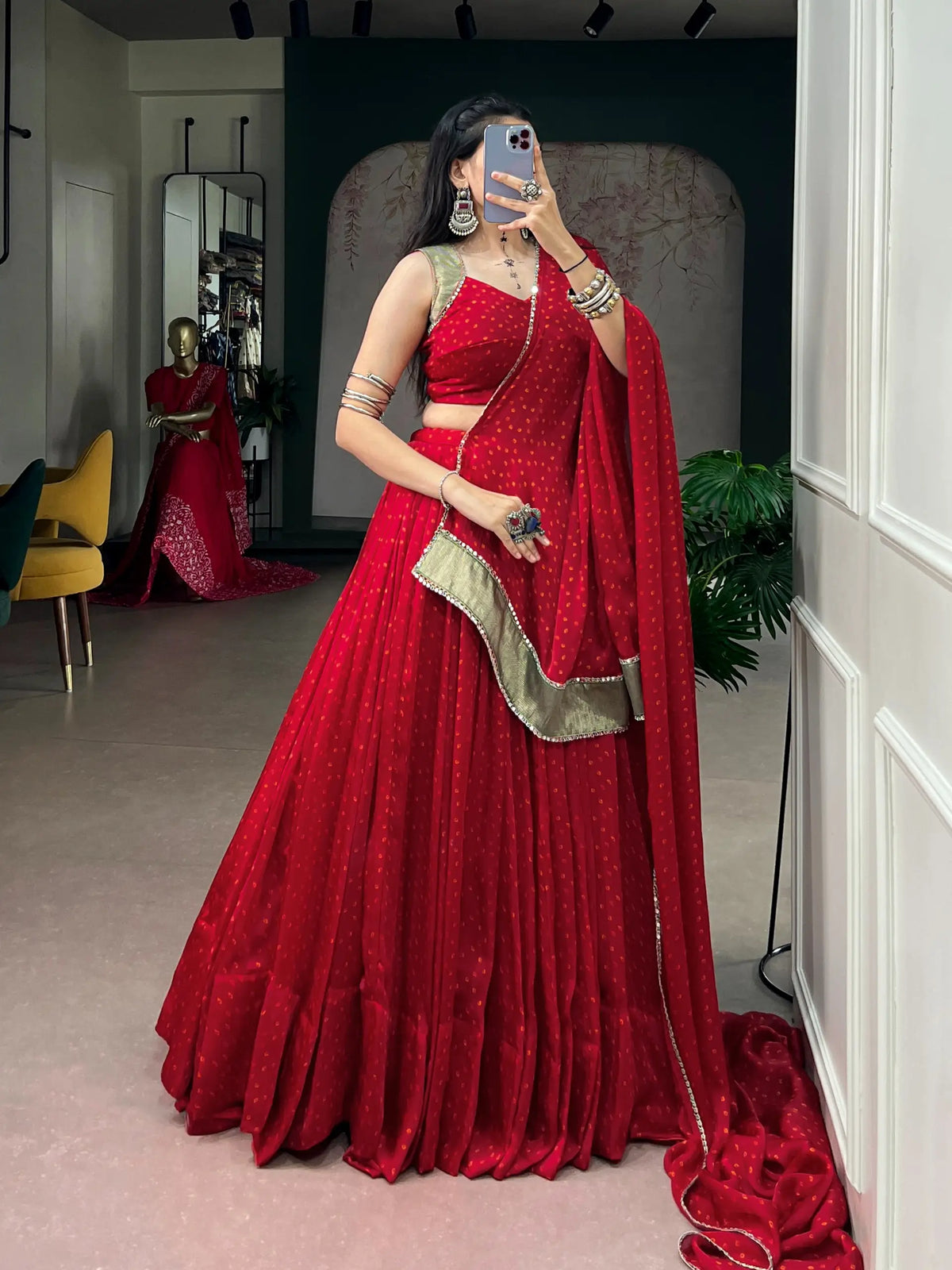 Red Bandhej Print Chiffon Garba Choli