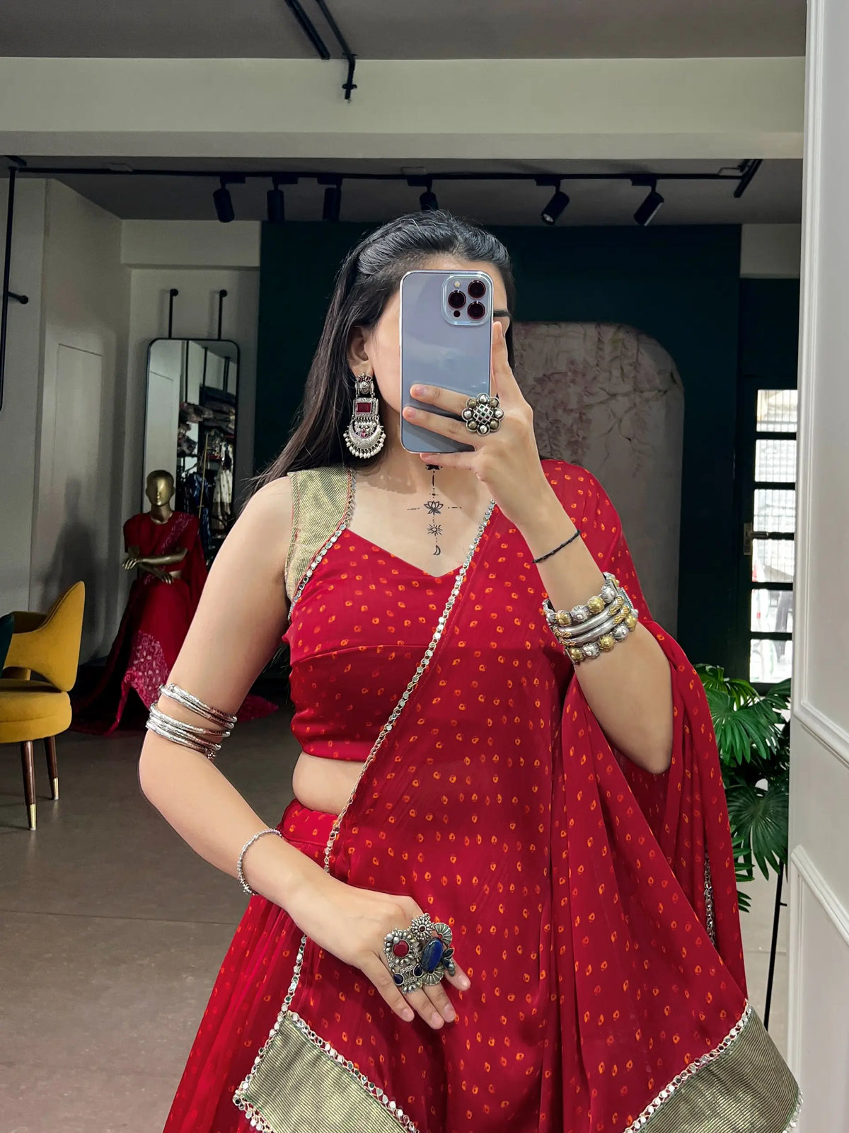 Red Bandhej Print Chiffon Garba Choli
