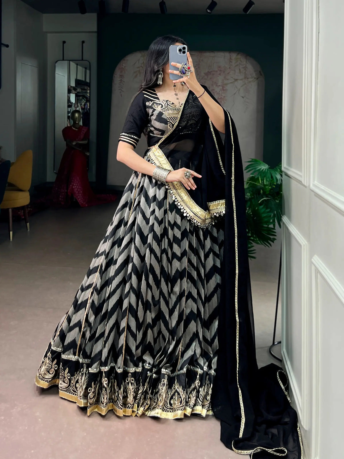 Black Zigzag Print Garba Lehenga Choli