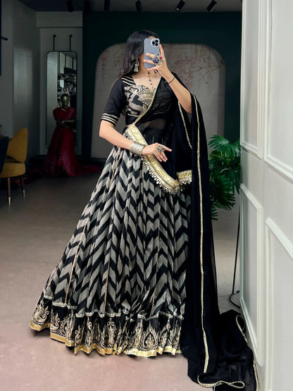 Black Zigzag Print Garba Lehenga Choli