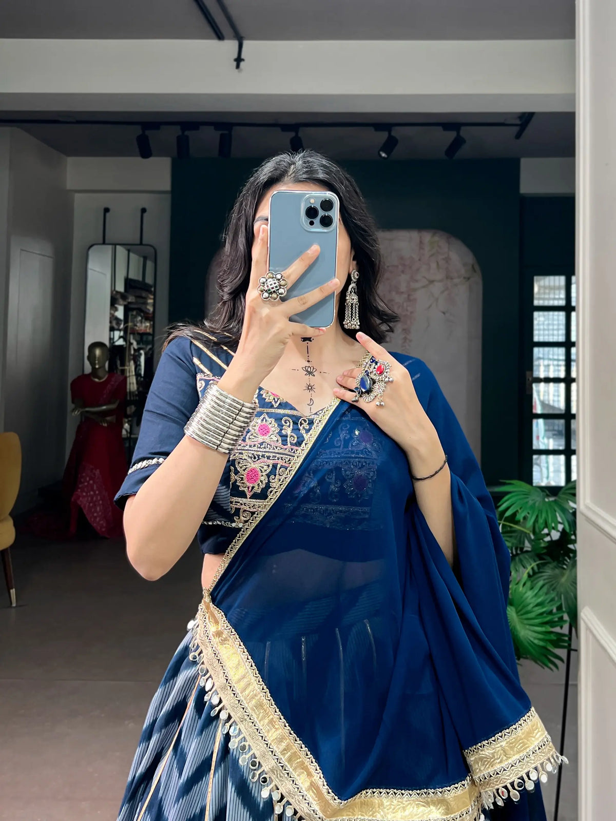 Blue Zigzag Print Garba Lehenga Choli