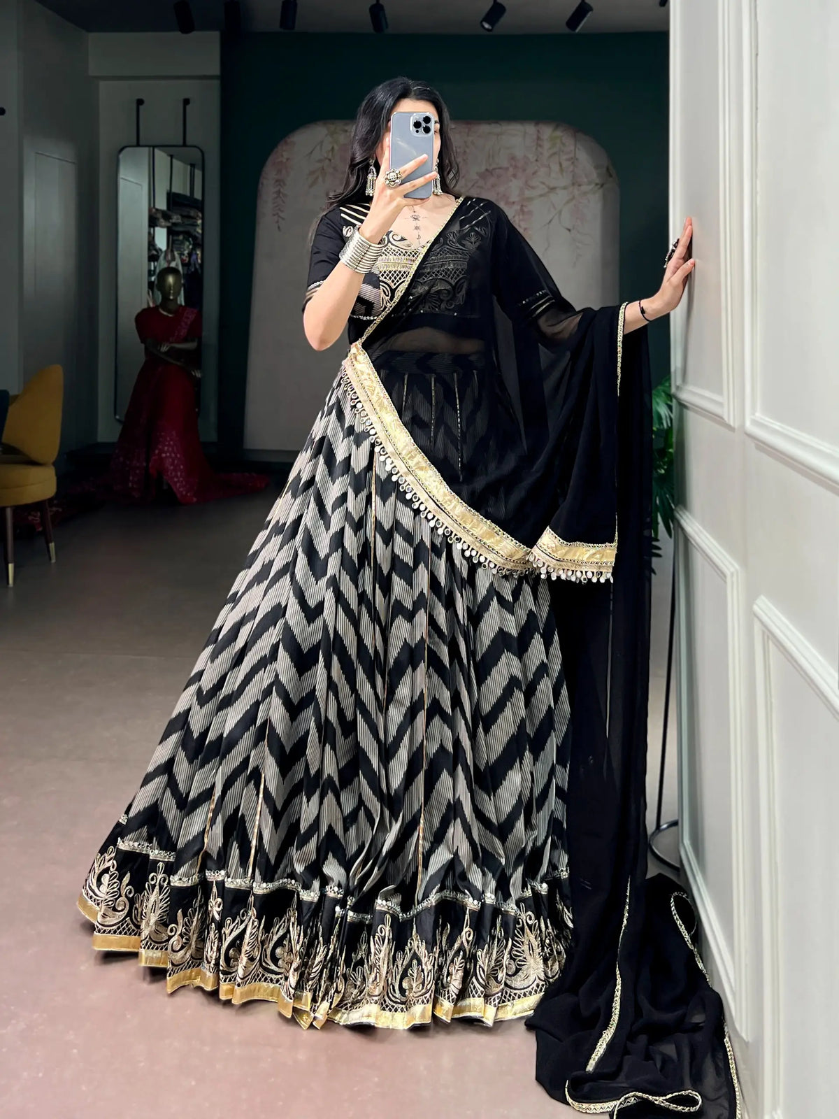 Black Zigzag Print Garba Lehenga Choli