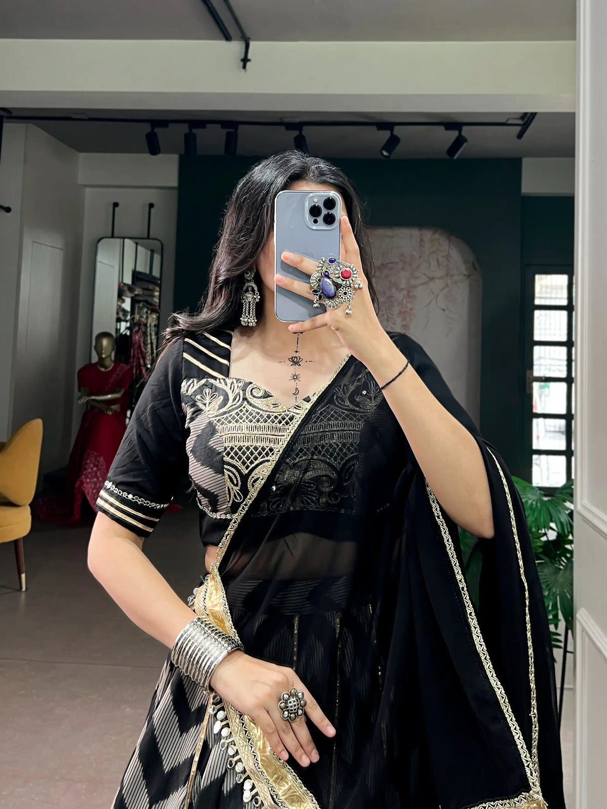 Black Zigzag Print Garba Lehenga Choli