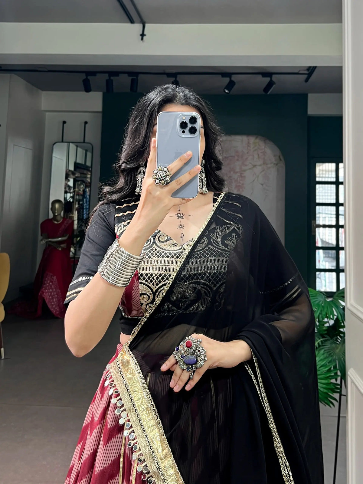 Black-Maroon Zigzag Print Garba Choli