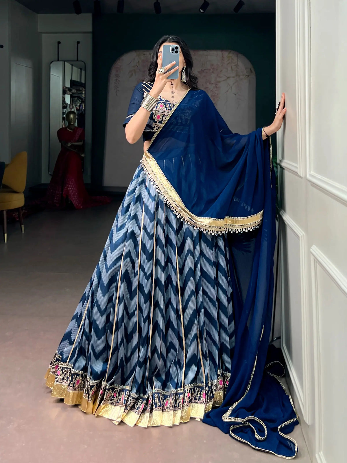 Blue Zigzag Print Garba Lehenga Choli