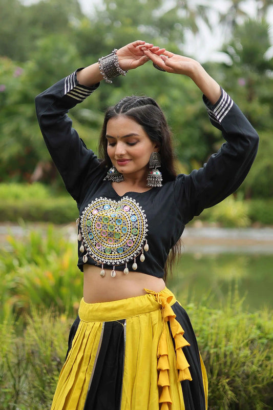 Yellow And Black Navratri Lehenga With Kutchi Gamthi Patch Work