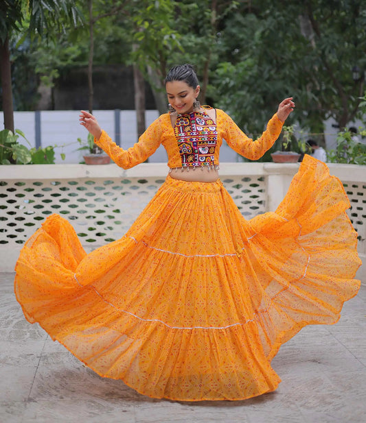Yellow Bandhej Print With Kutchi Gamthi Work Georgette Navratri Lehenga Choli