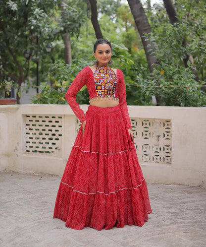 Red Georgette Bandhej Print With Gamthi Work Navratri Lehenga Choli