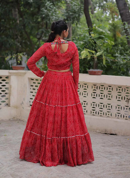 Red Georgette Bandhej Print With Gamthi Work Navratri Lehenga Choli