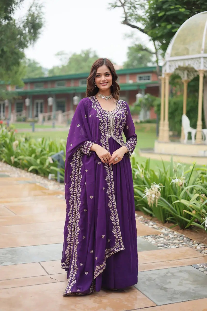 Dark Purple Zari Multi Sequins Embroidery Work Georgette Gown With Dupatta
