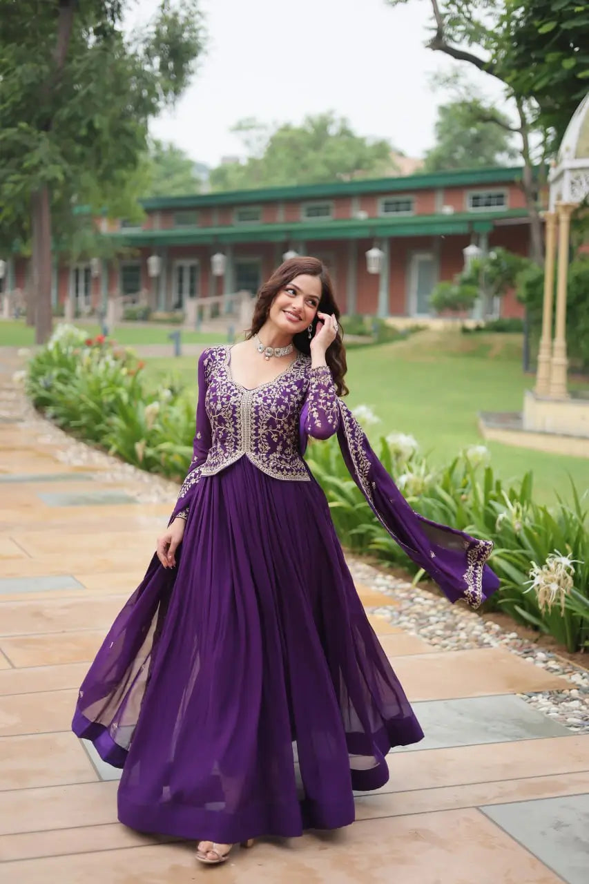 Dark Purple Zari Multi Sequins Embroidery Work Georgette Gown With Dupatta