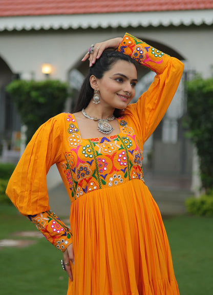 Yellow Kutchi Gamthi Work Mirror Work Rayon Navratri Gown