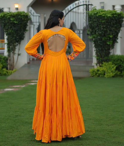 Yellow Kutchi Gamthi Work Mirror Work Rayon Navratri Gown