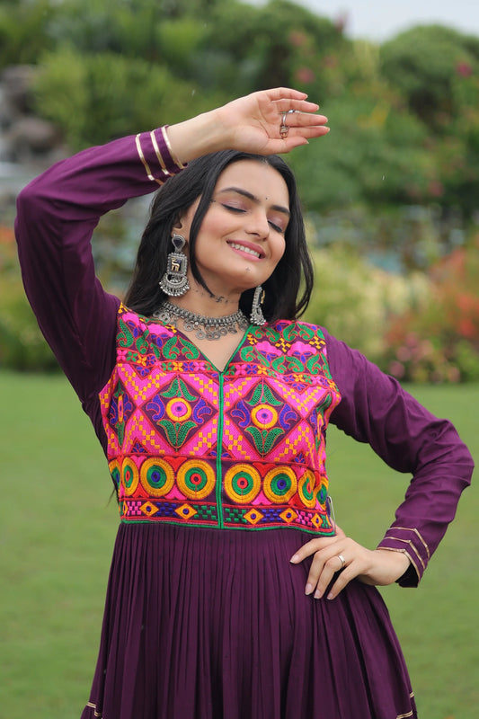 Wine Multi Thread Gamthi And Mirror Work Rayon Navaratri Gown