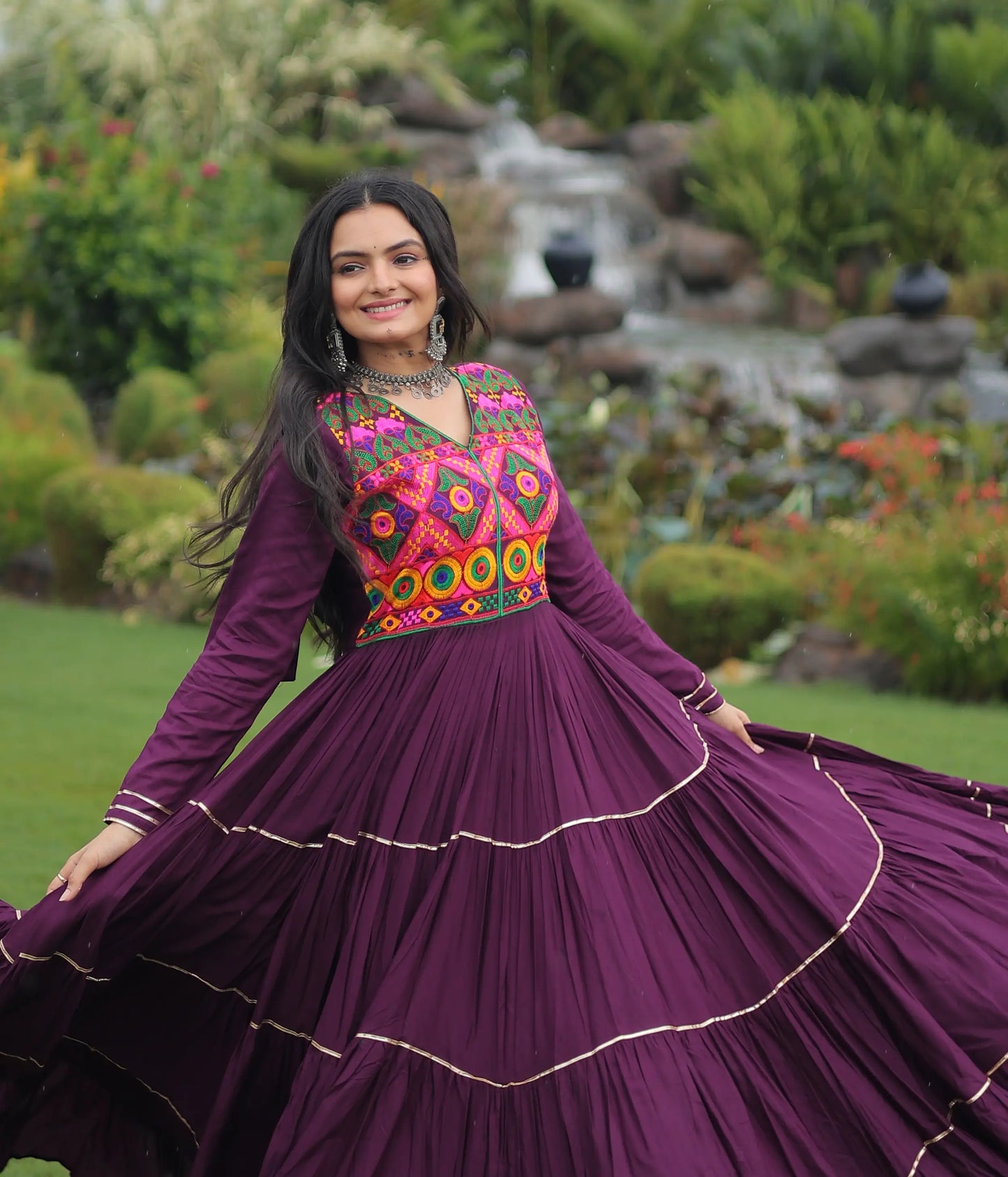 Wine Multi Thread Gamthi And Mirror Work Rayon Navaratri Gown