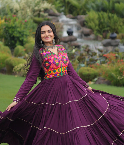 Wine Multi Thread Gamthi And Mirror Work Rayon Navaratri Gown