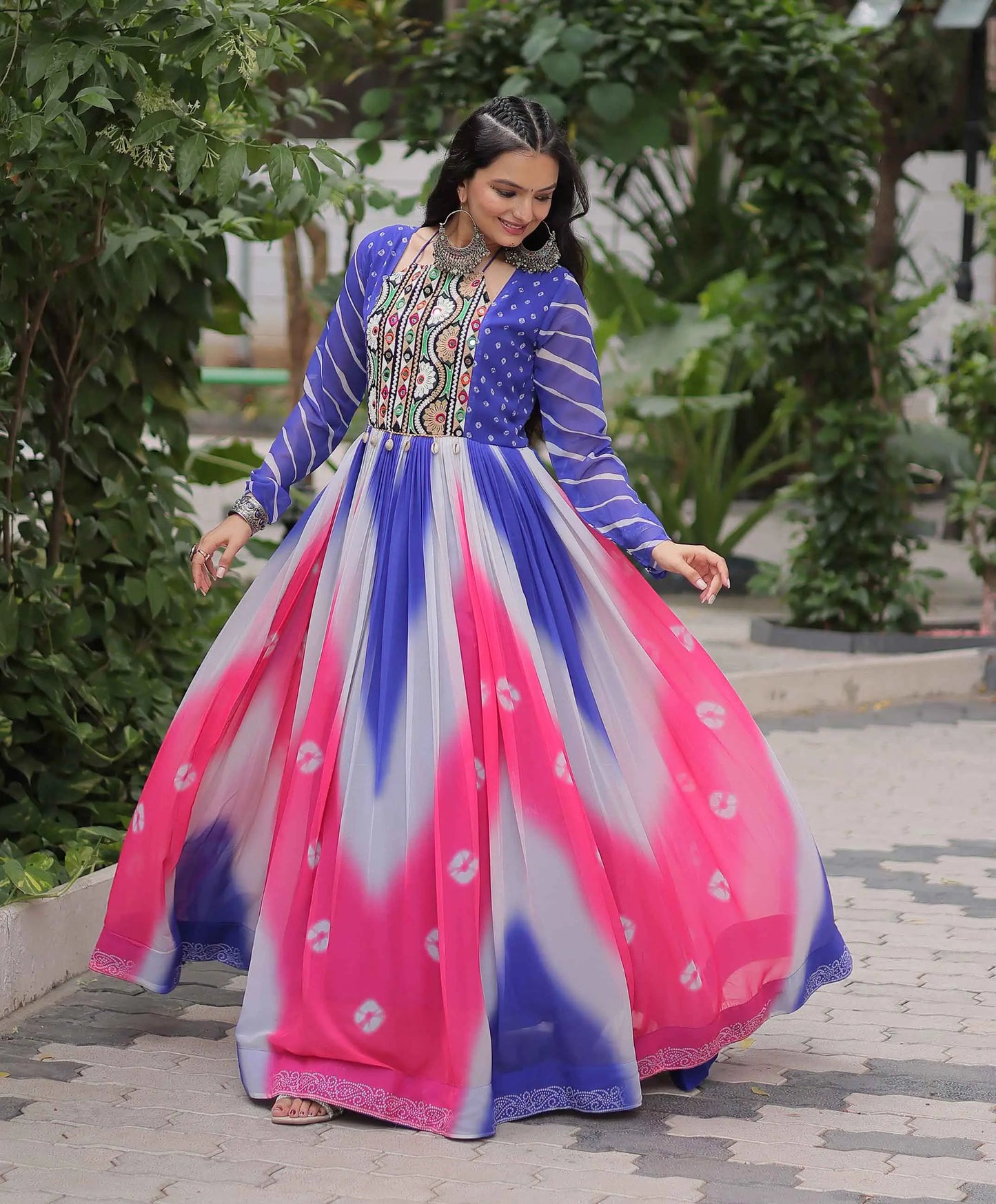 Blue with Multicolor Bandhej & Gamthi Mirror Work  Gown