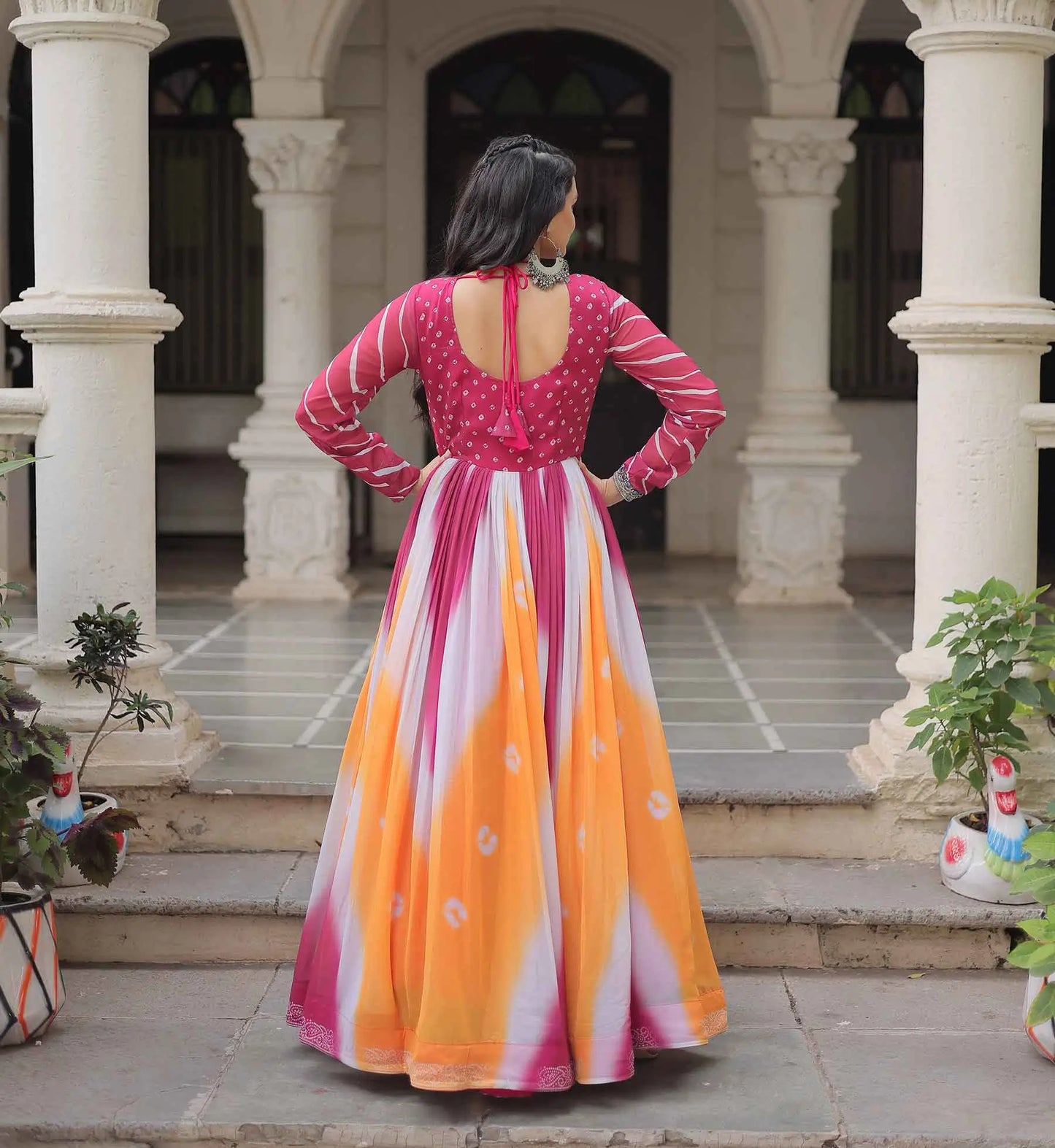 Pink with Multicolor Bandhej & Gamthi Mirror Work  Gown