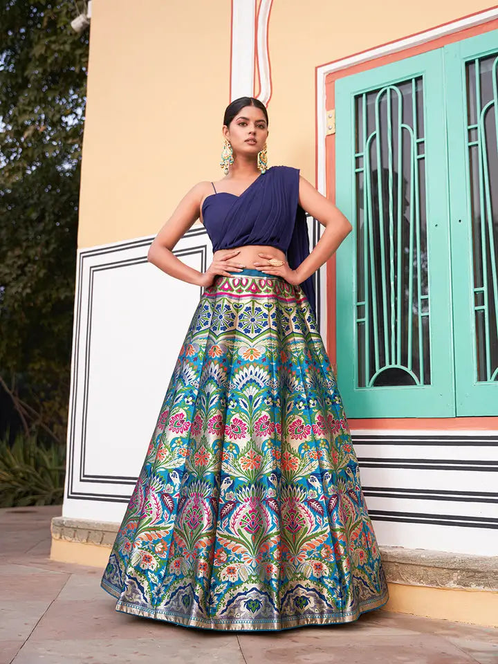 Navy Blue Banarasi Silk Crop top Lehenga Choli