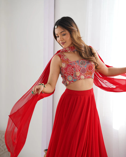 Red Georgette Lehenga With Embroidery Work With Neck Belt Dupatta