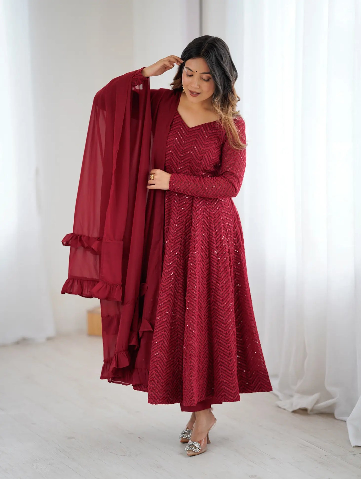 Maroon Lukhnowi Sequins Work Gown