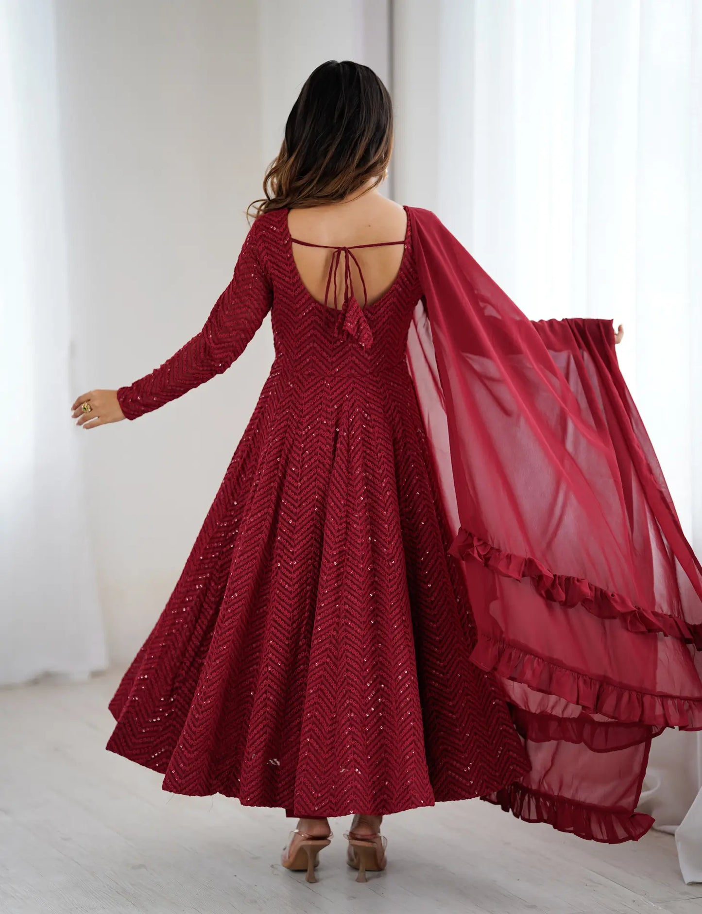 Maroon Lukhnowi Sequins Work Gown