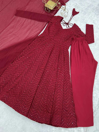 Maroon Lukhnowi Sequins Work Gown