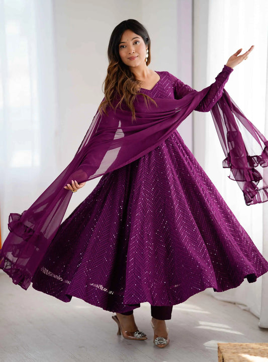 Grape Purple Lukhnowi Sequins Work Gown