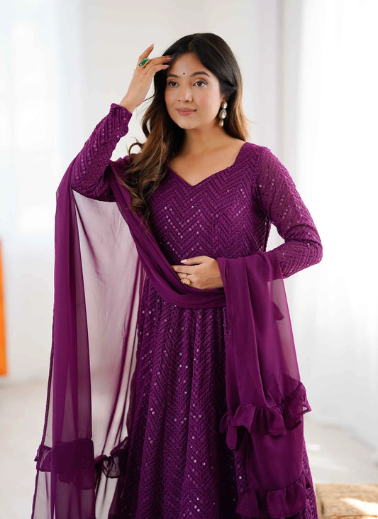 Grape Purple Lukhnowi Sequins Work Gown