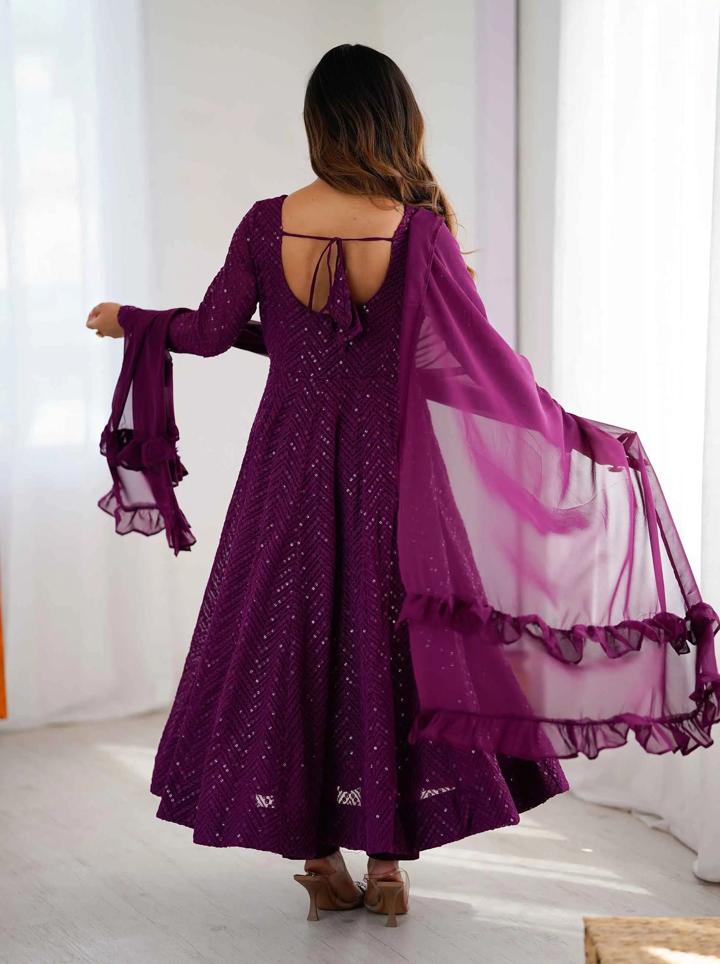 Grape Purple Lukhnowi Sequins Work Gown