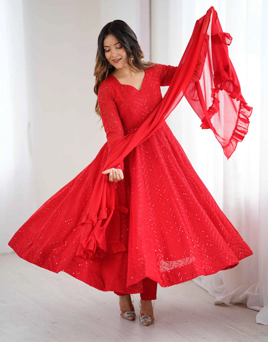 Red Lukhnowi Sequins Work Gown