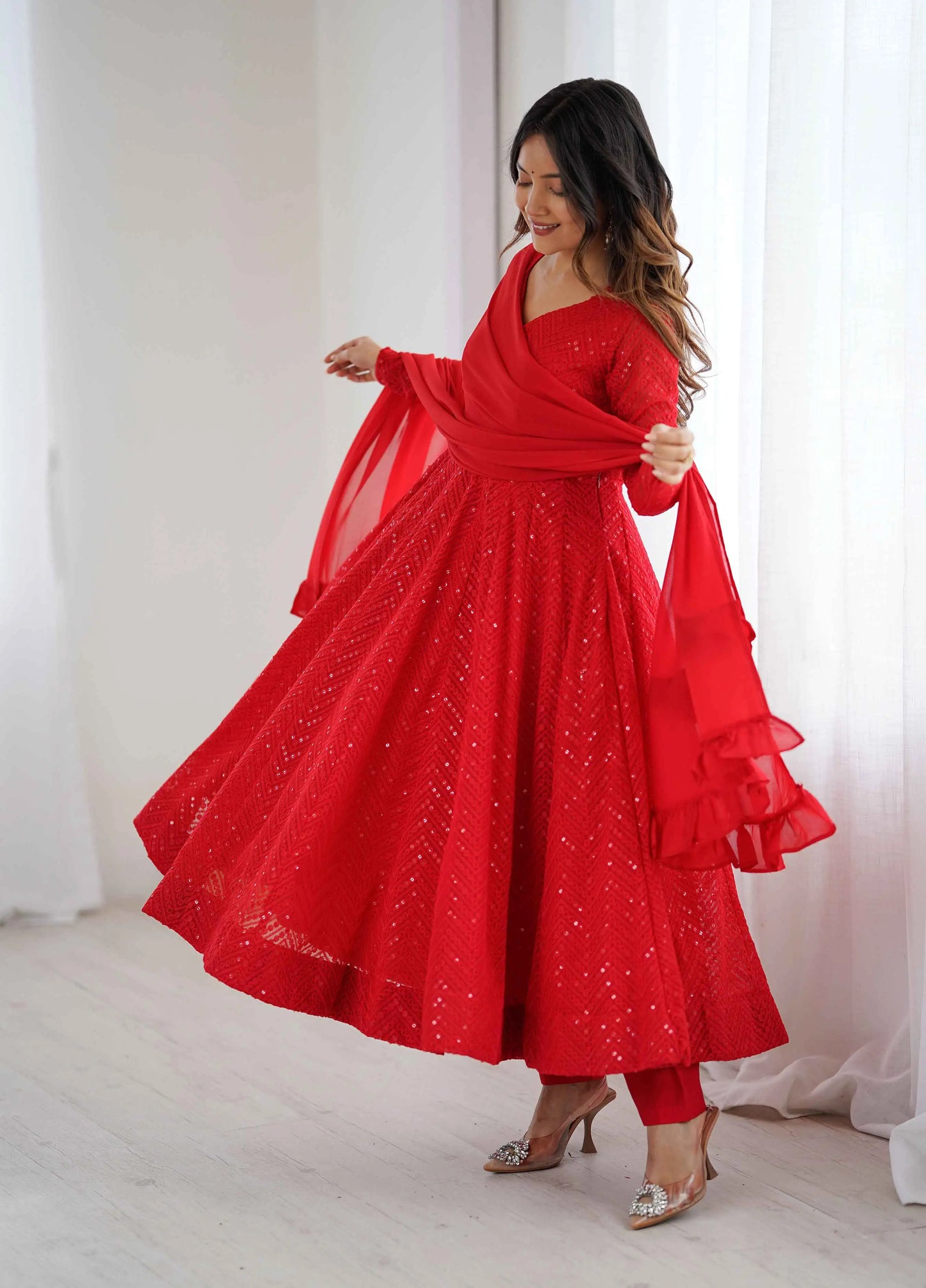 Red Lukhnowi Sequins Work Gown