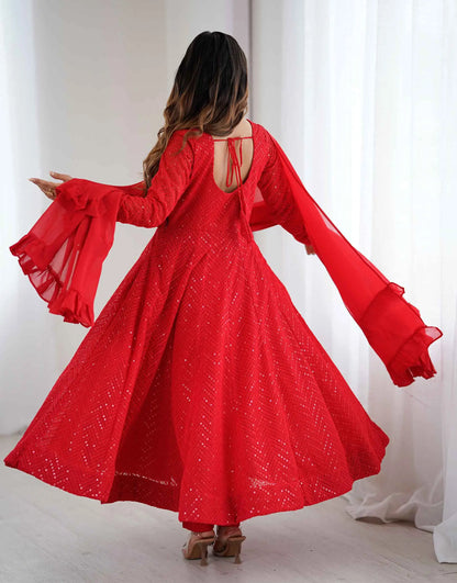 Red Lukhnowi Sequins Work Gown