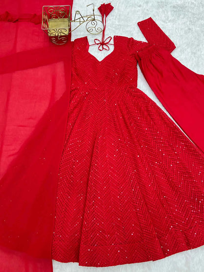 Red Lukhnowi Sequins Work Gown