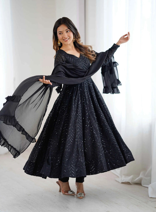 Black Lukhnowi Sequins Work Gown