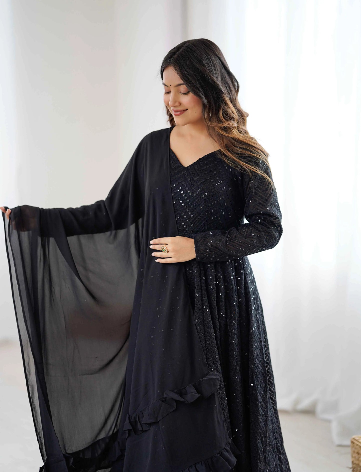 Black Lukhnowi Sequins Work Gown