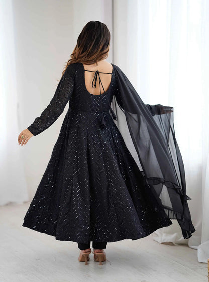 Black Lukhnowi Sequins Work Gown