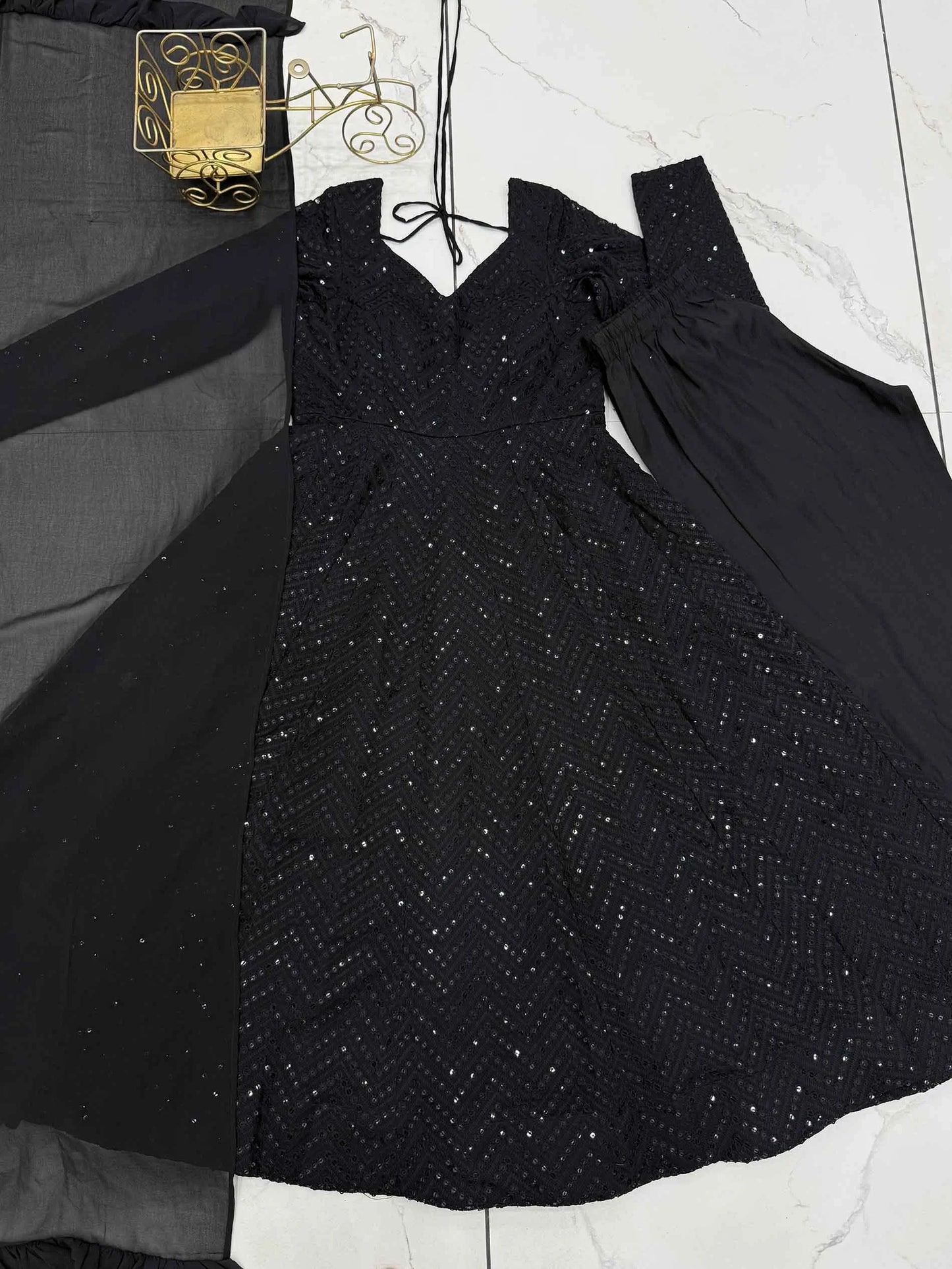 Black Lukhnowi Sequins Work Gown