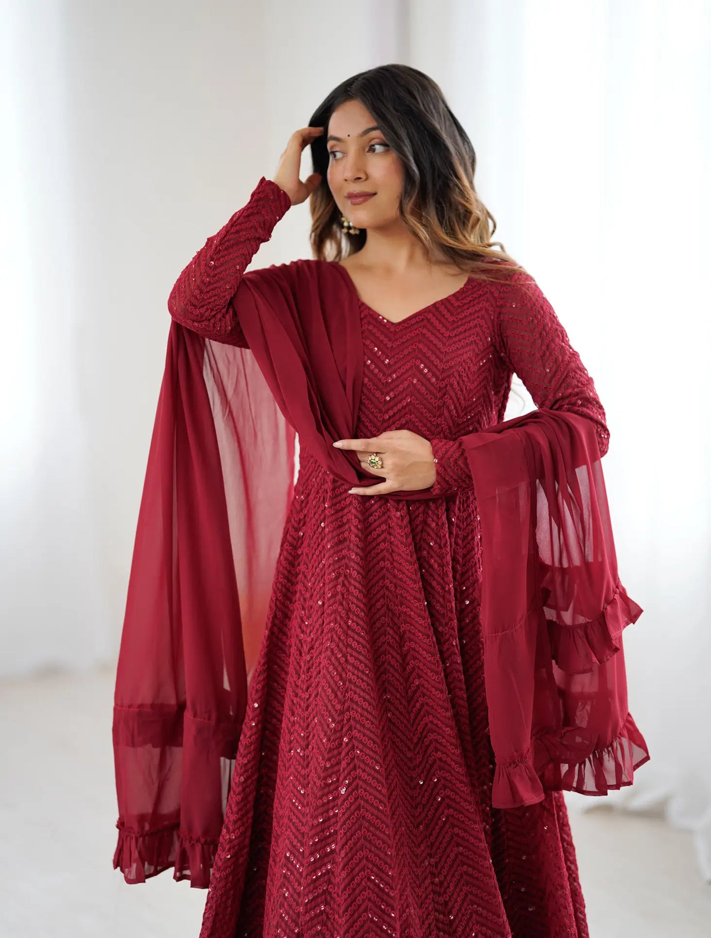 Maroon Lukhnowi Sequins Work Gown
