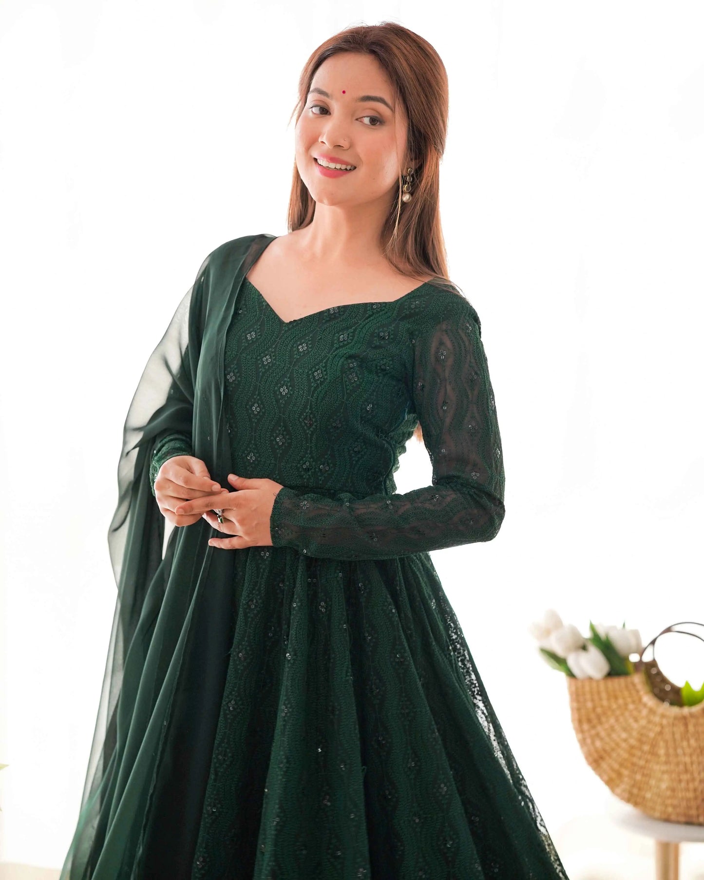 Dark Green Lukhnowi Work Georgette Gown With Ruffle Style Dupatta