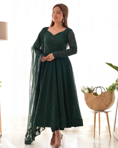 Dark Green Lukhnowi Work Georgette Gown With Ruffle Style Dupatta