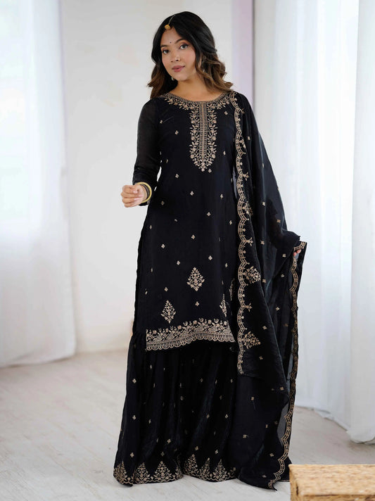 Shiny Black Zari Embroidery Work Sharara Set
