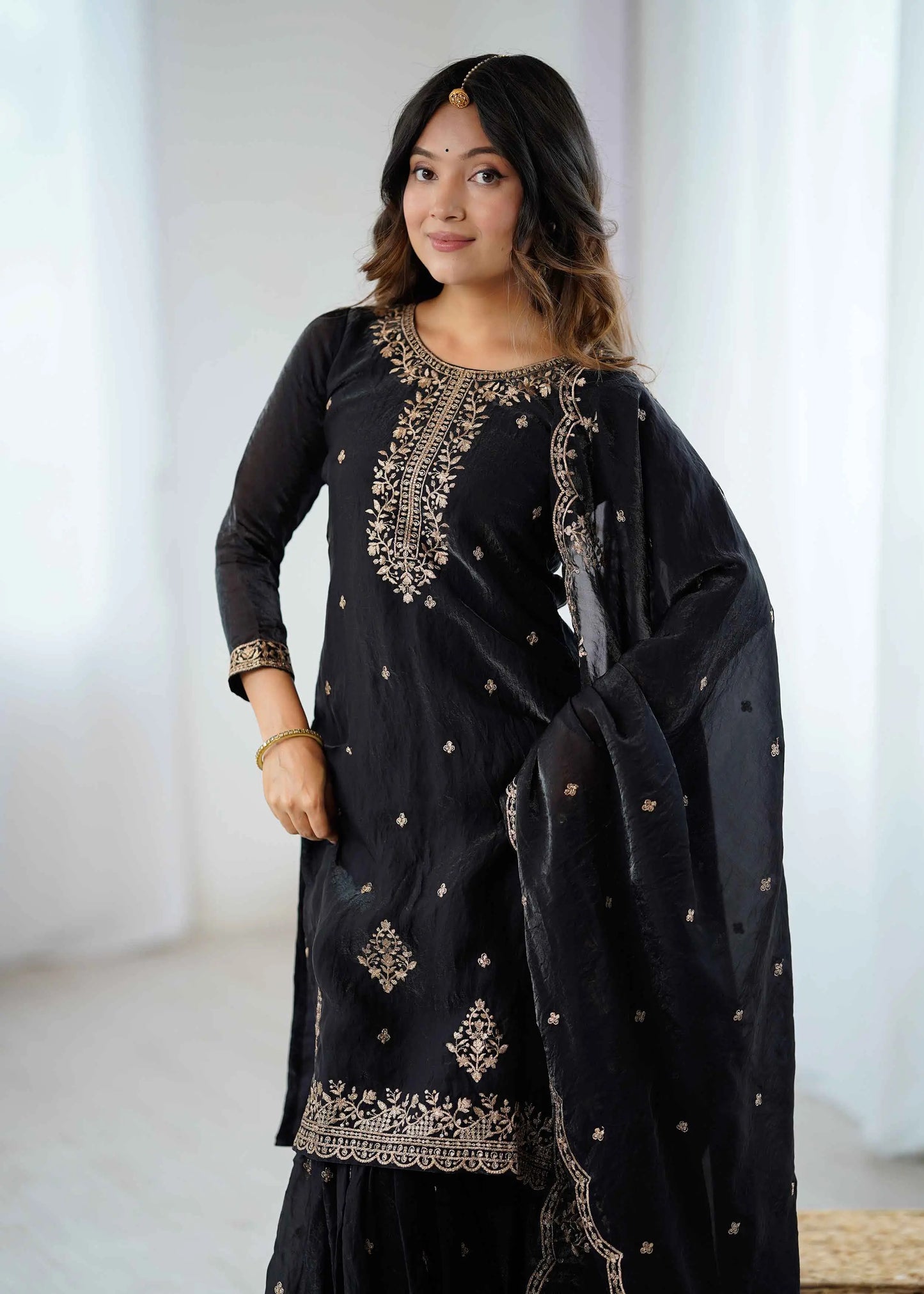 Shiny Black Zari Embroidery Work Sharara Set