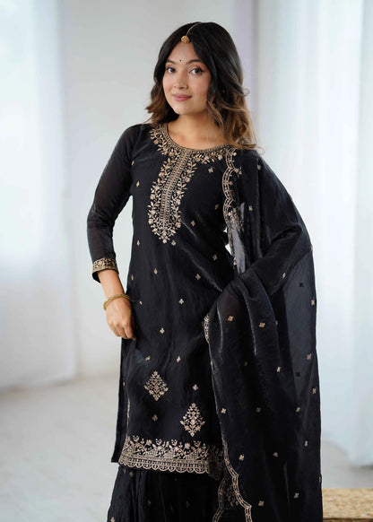 Shiny Black Zari Embroidery Work Sharara Set