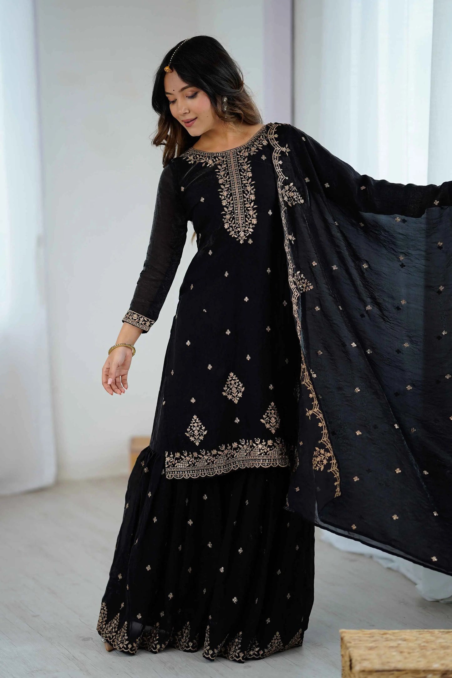 Shiny Black Zari Embroidery Work Sharara Set
